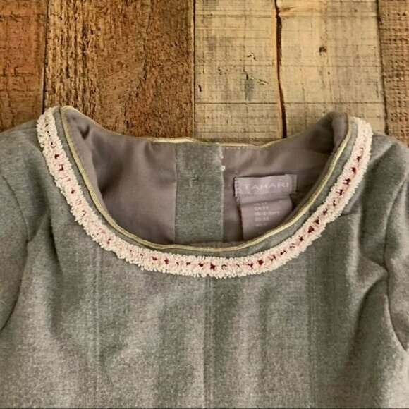 Tahari girls size 3T pleated dress with faux chenille and gold trim in gray - Picture 3 of 6